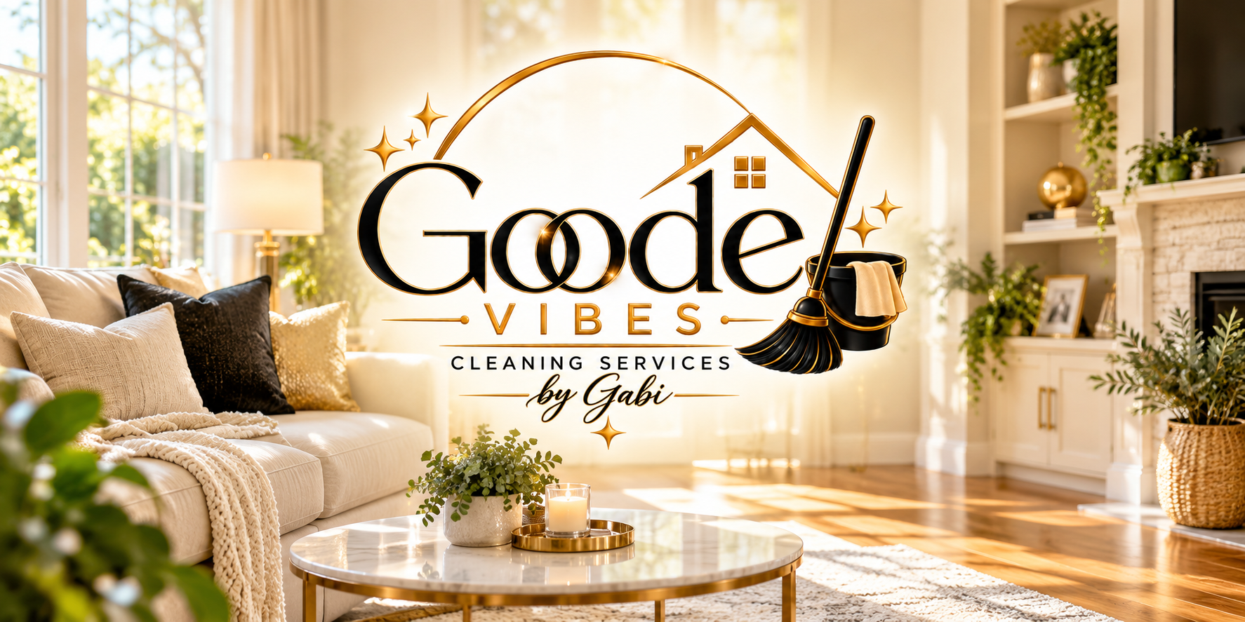 Goode Vibes Cleaning Services by Gabi logo over a bright, tidy living room